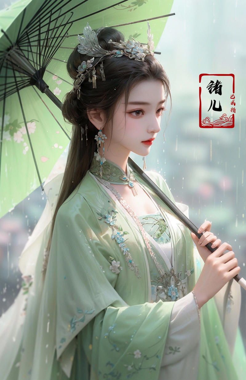 606247209521968608-4250672593-A woman holds a oil-paper umbrella on her shoulder to shelter from the rain as part of a fashion event in the style of Yue Xiaof.jpg